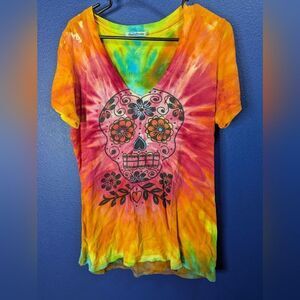 Sugar Skull Tie Dye V-Neck Tee